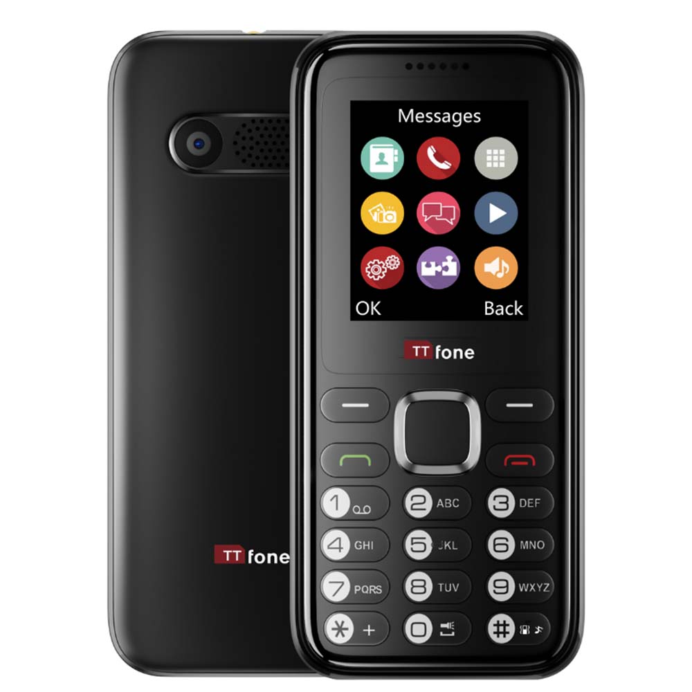 TTfone Basic Mobile Phone in black, featuring dual SIM, long battery life, and a camera, displayed on a neutral background.