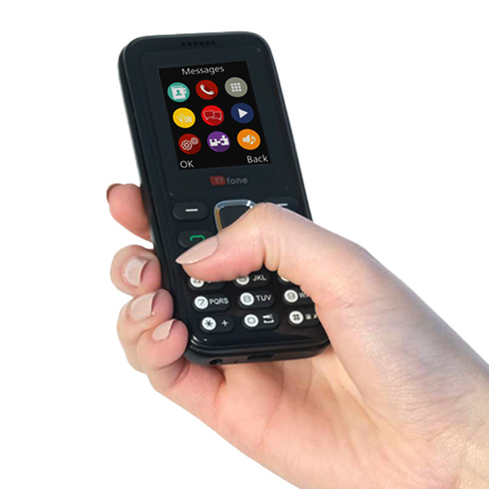 TTfone Basic Mobile Phone in black, featuring a dual SIM slot, long battery life, and built-in camera.