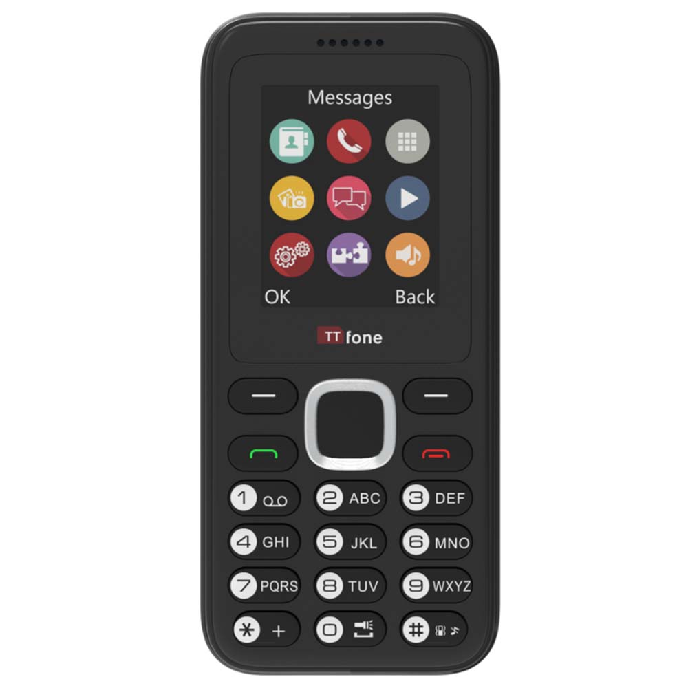 TTfone Basic Mobile Phone in black, featuring dual SIM, long battery life, and built-in camera.