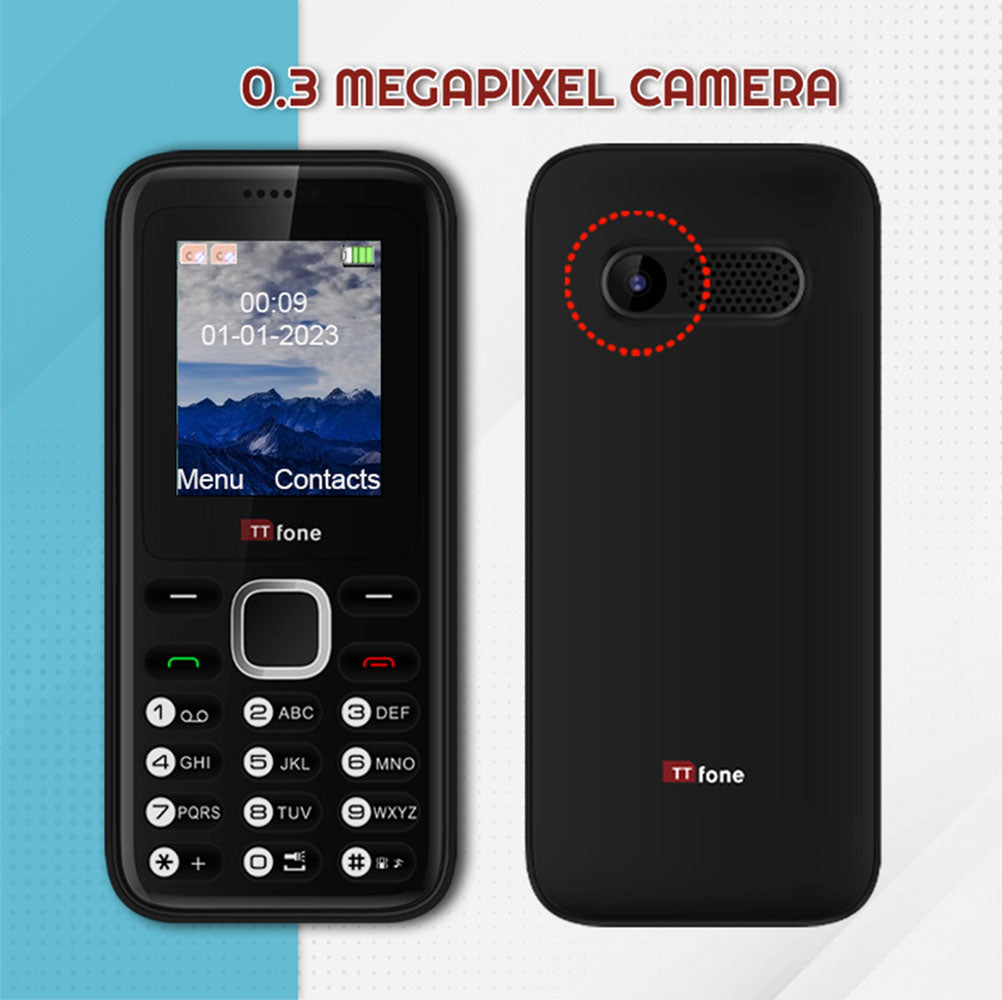 Black TTfone Basic Mobile Phone with dual SIM, camera, and long battery life displayed on a neutral background.