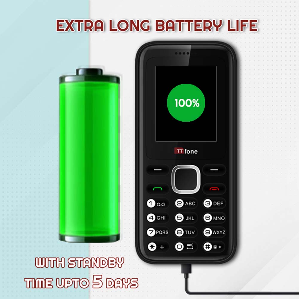 Black TTfone Basic Mobile Phone with dual SIM, long battery life, and camera displayed on a white background.