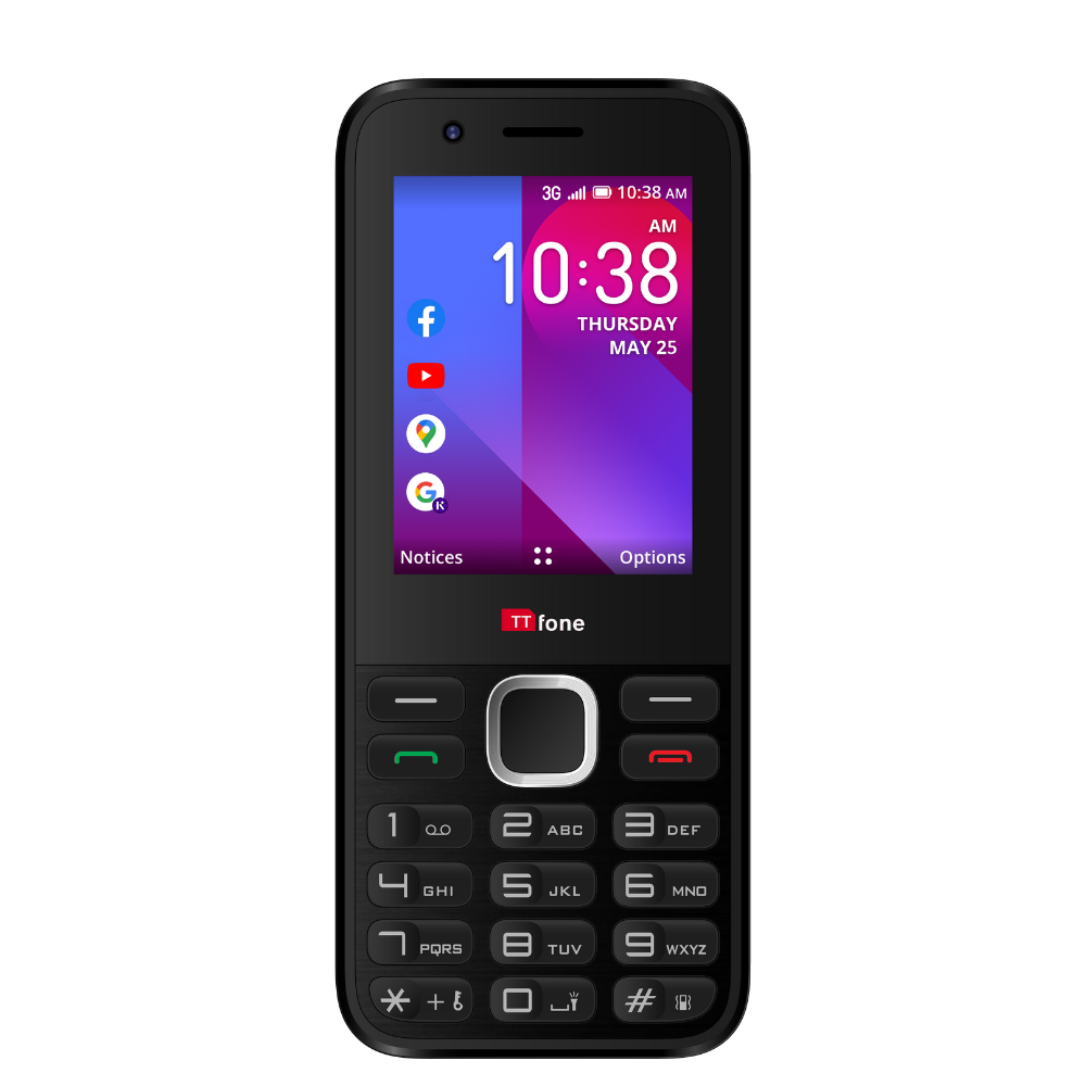 TTfone TT240 Simple Mobile Phone with KaiOS, showing the device and mains charger on a white background.