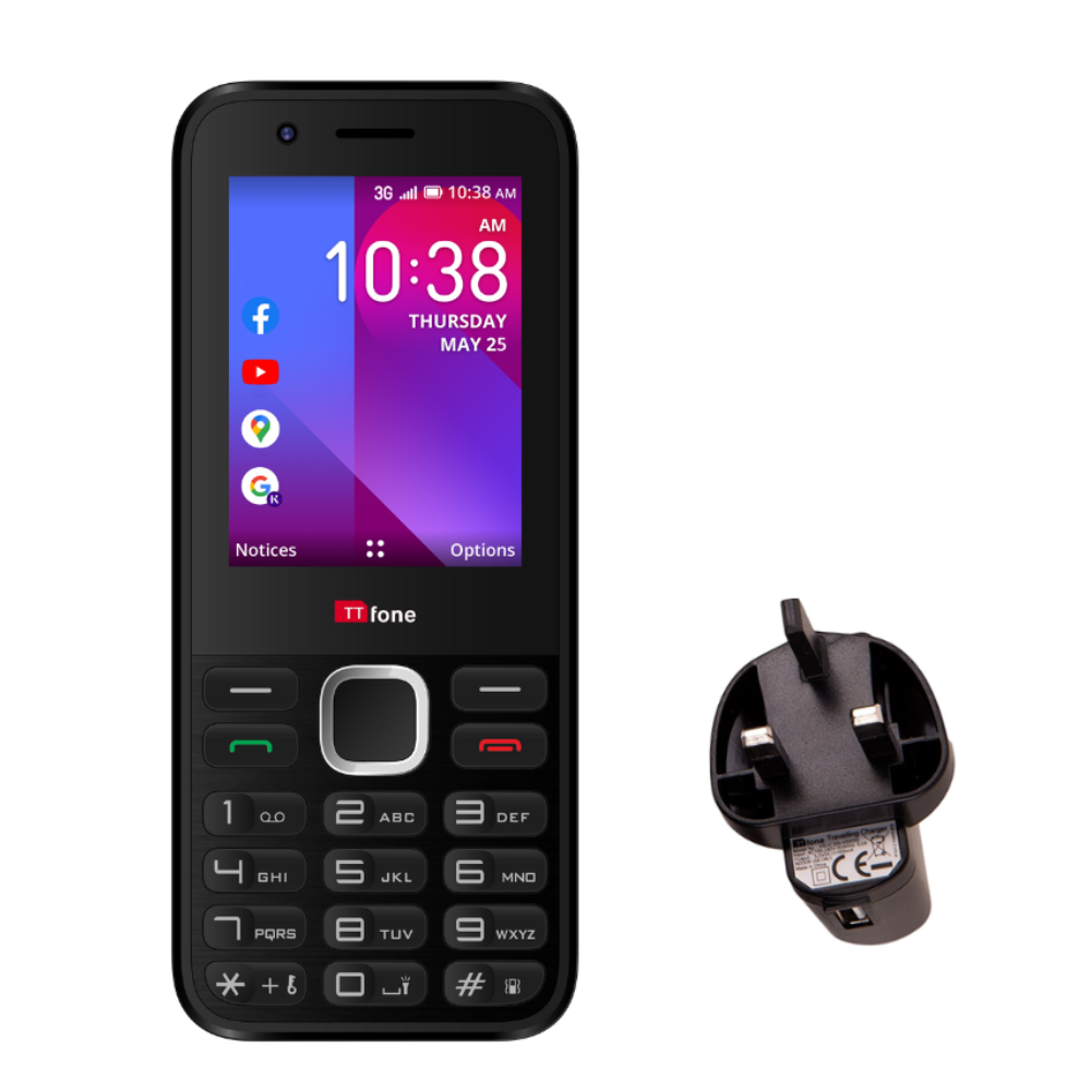 TTfone TT240 feature smartphone with KaiOS, mains charger, and simple interface displayed on a clean background.