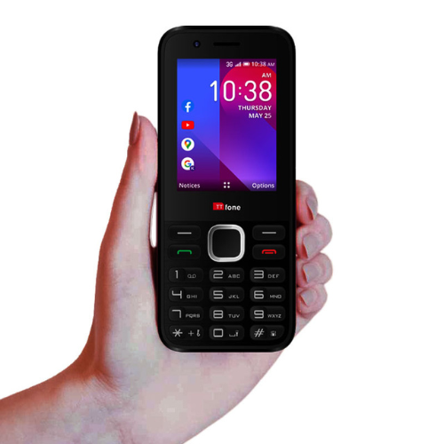 TTfone TT240 Simple Mobile Phone with KaiOS, showing keypad, screen, and mains charger in a clear layout.