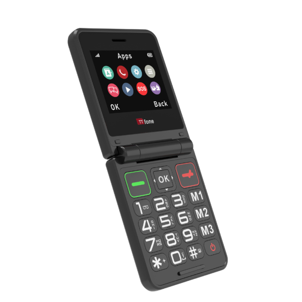 TTfone TT660 flip mobile phone for seniors with big buttons and emergency assistance feature on a white background.