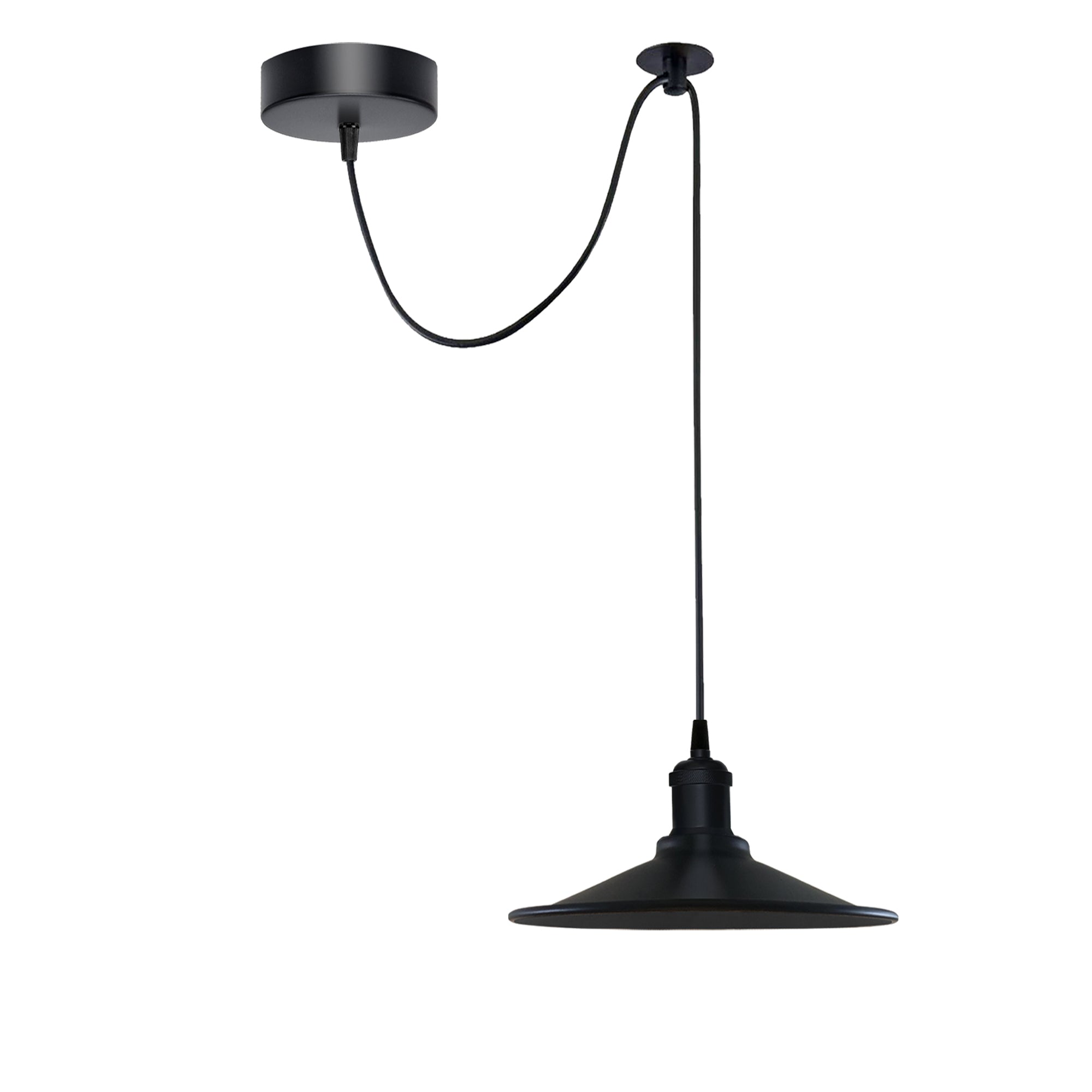 Vintage black metal cone pendant light with adjustable cord and E27 socket, ideal for home decor.