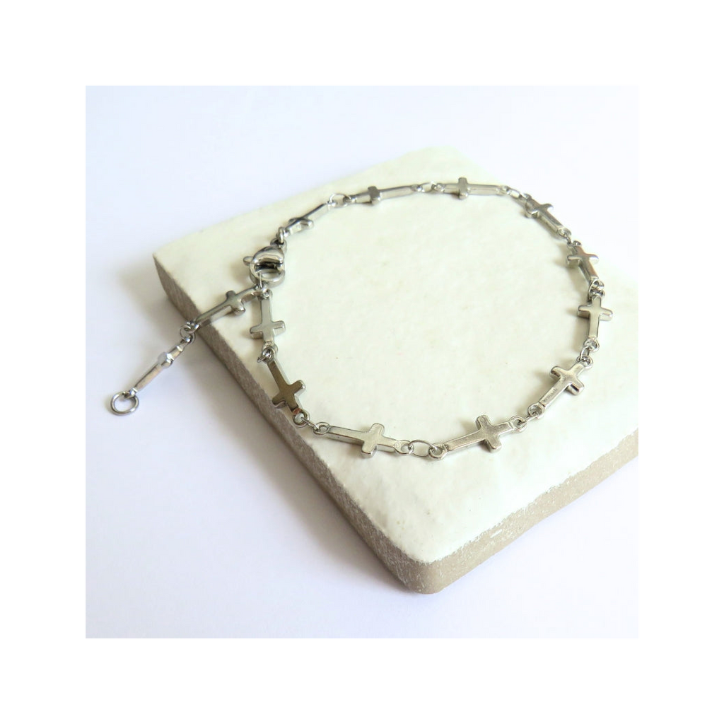 Cross Chain Silver Bracelet - Stainless Steel - 6-8 Inches - Designed in Scotland