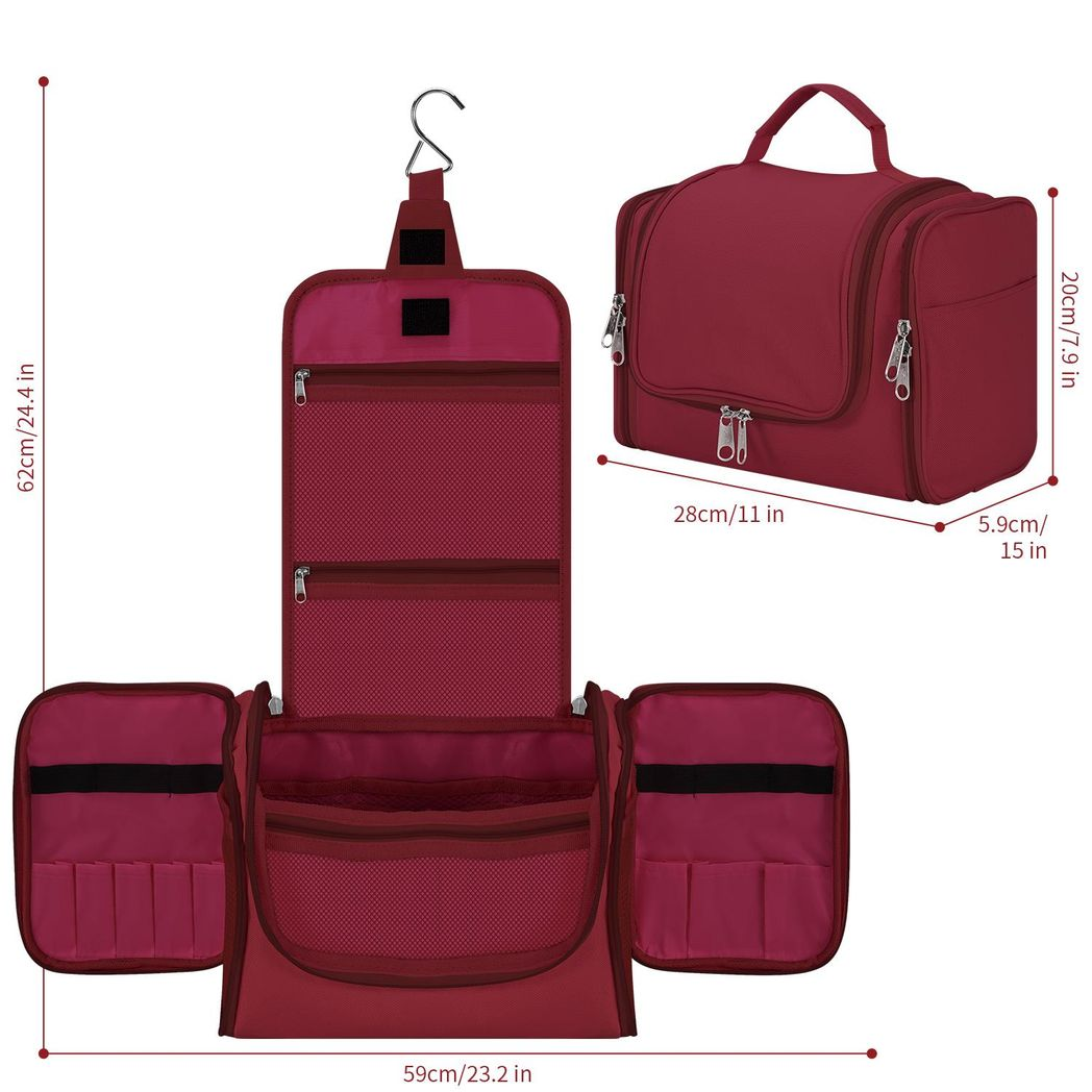 Hot pink waterproof toiletry bag by Vinsani with multiple compartments for organized travel storage.