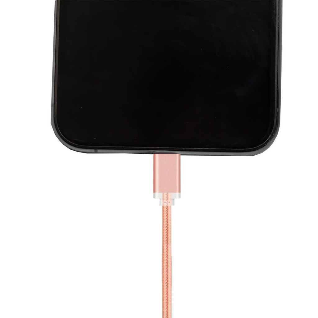 Rose gold FX Nylon Braided USB data cable for phone, showcasing its durable design and flexible texture.