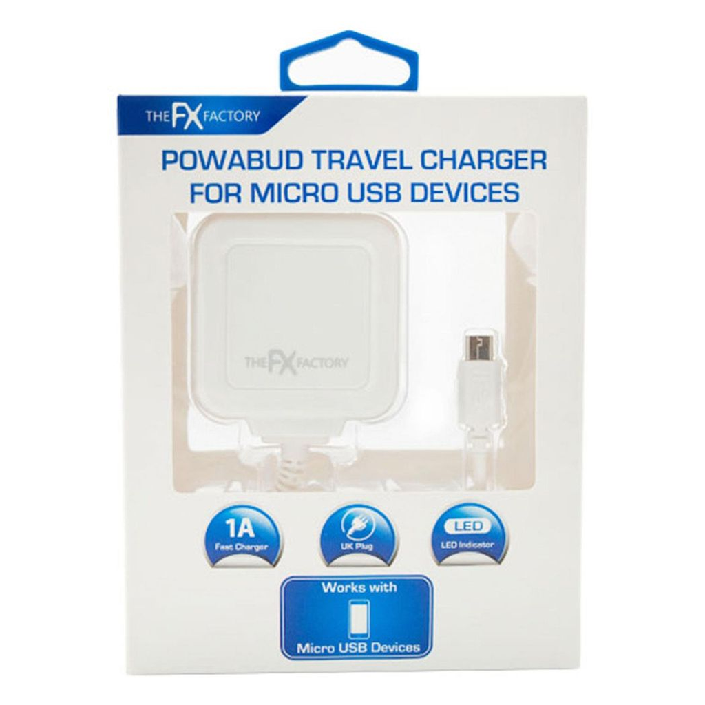 White FX Factory USB mains charger 1A for USB and Micro USB devices with smart charging capability.