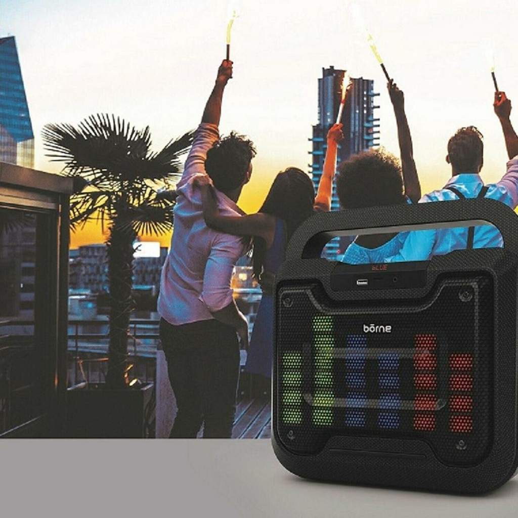 BORNE Bluetooth speaker with LED lights and karaoke function, showcasing vibrant colors and sleek design.