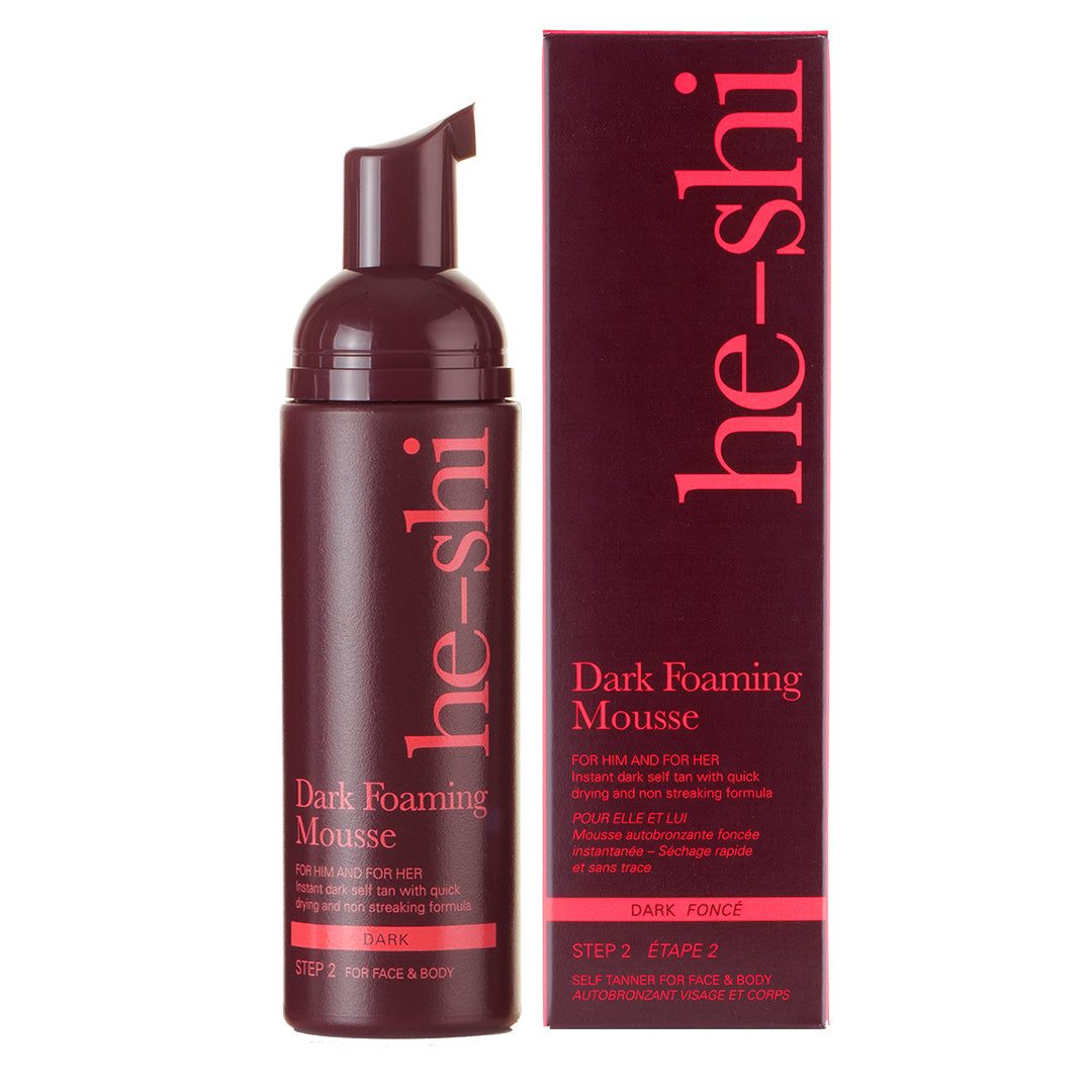 He-Shi Dark Foaming Mousse in a bottle, showcasing its rich dark tan color against a clean background.