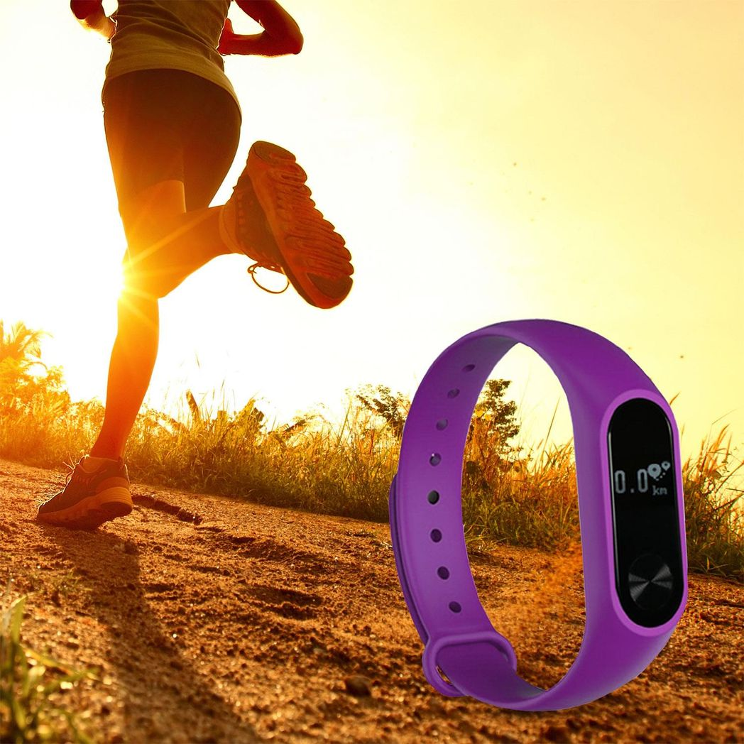 Purple Fitness Tracker by Aquarius featuring heart rate monitor and OLED display, showing time and activity stats.