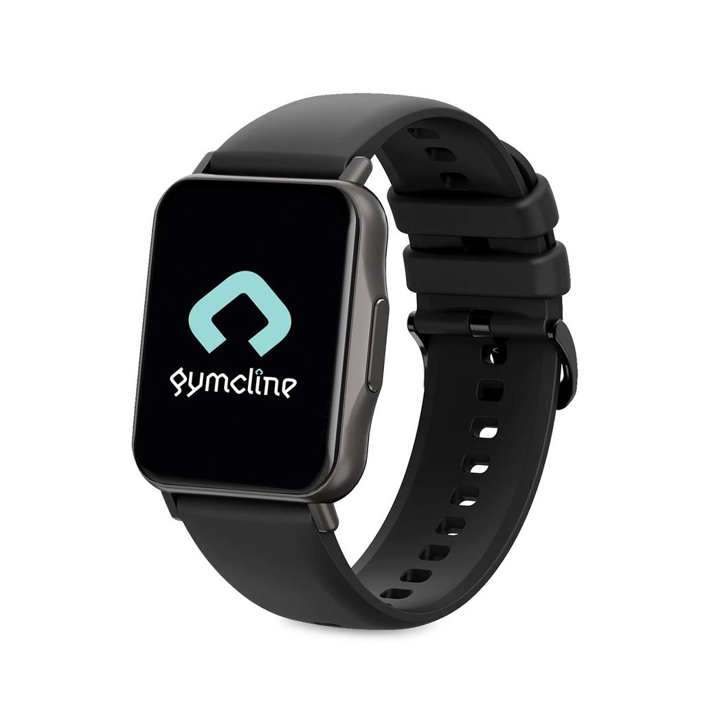 Black Gymcline Fitness Tracker displaying sports modes and water protection features on a sleek design.