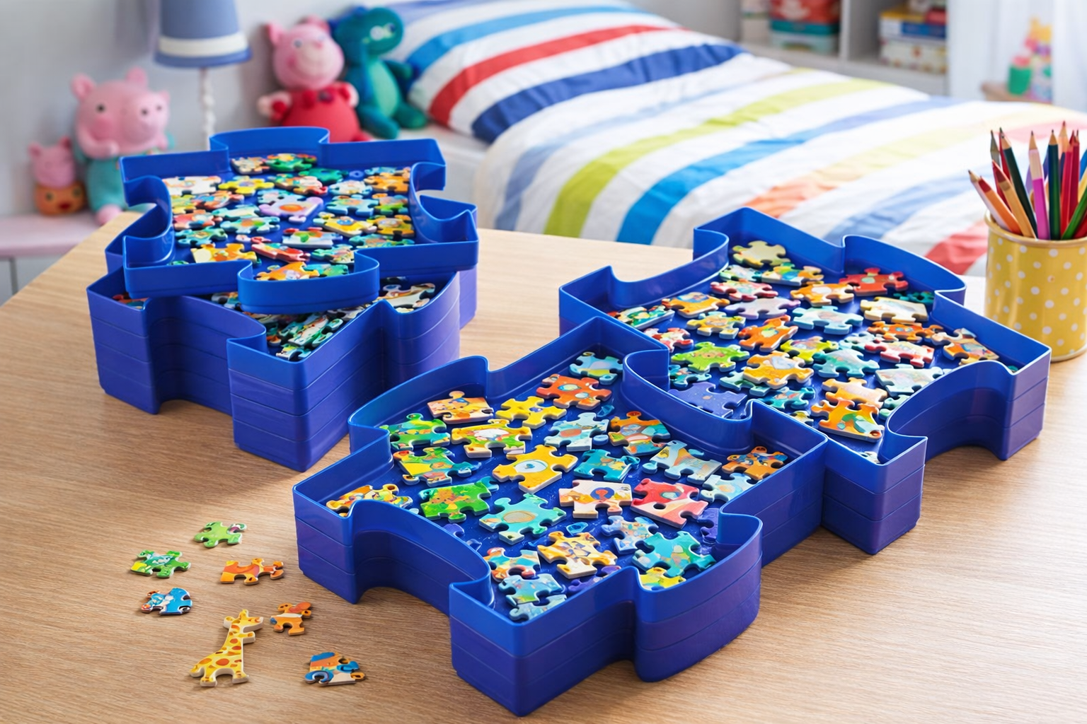 Blue Puzzle-Stack Trays (Set of 6) - Linkable & Stackable, Space-Saving