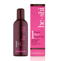 He-Shi Rapid 1 Hour Liquid Self Tan in Medium to Dark shade, showcasing the bottle with a glowing, tanned skin effect.