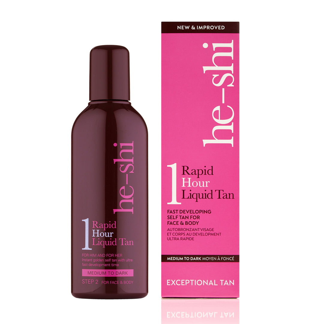 He-Shi Rapid 1 Hour Liquid Self Tan in Medium to Dark shade, showcasing the bottle with a glowing, tanned skin effect.