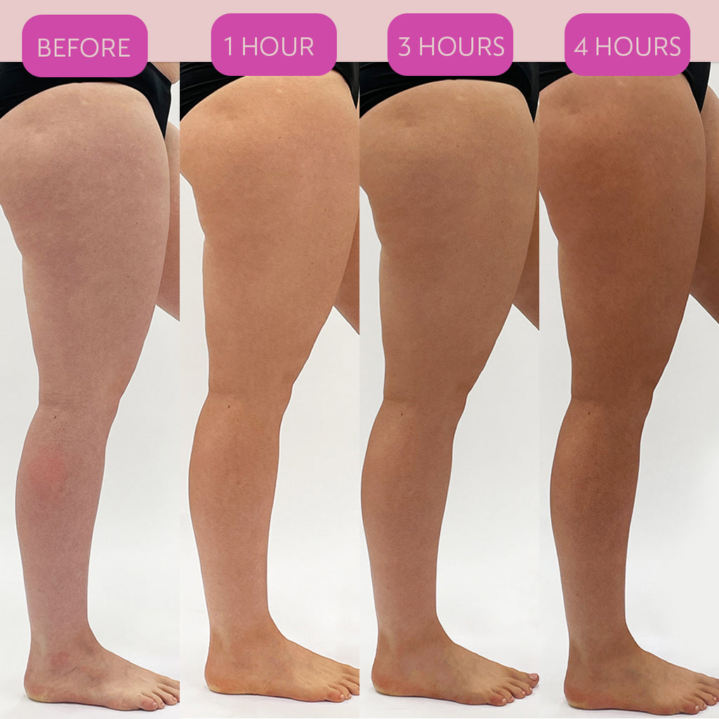 He-Shi Rapid 1 Hour Liquid Self Tan bottle with medium to dark tan shade on a neutral background. Quick dry formula visible.