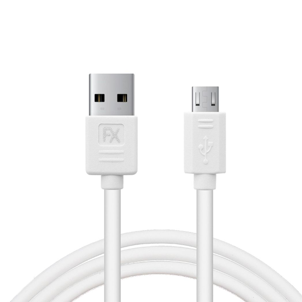 White USB data cable for Micro USB devices by FX Factory, designed for charging and syncing.