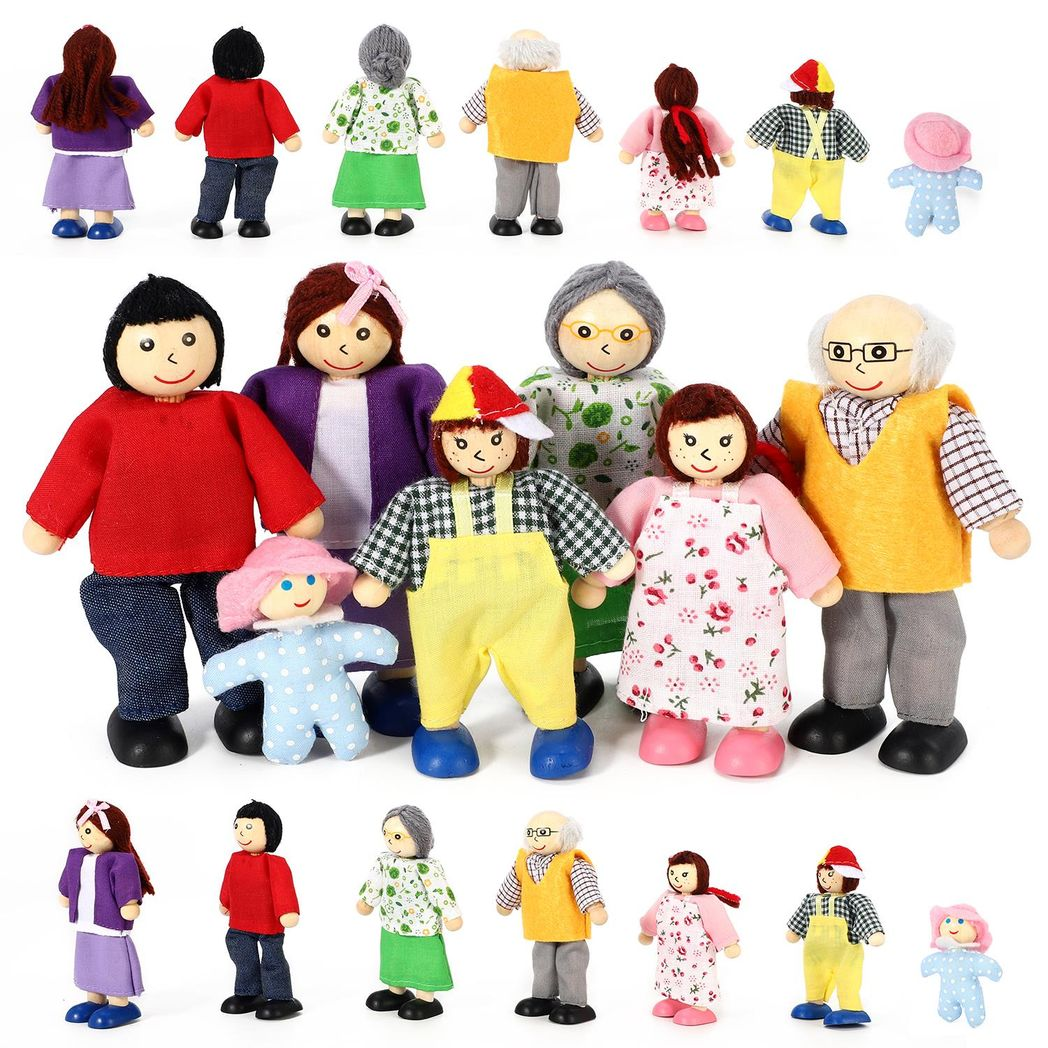 Wooden Happy Family Doll Set by SOKA, featuring 7 flexible-armed dolls in various colors and styles for imaginative play.