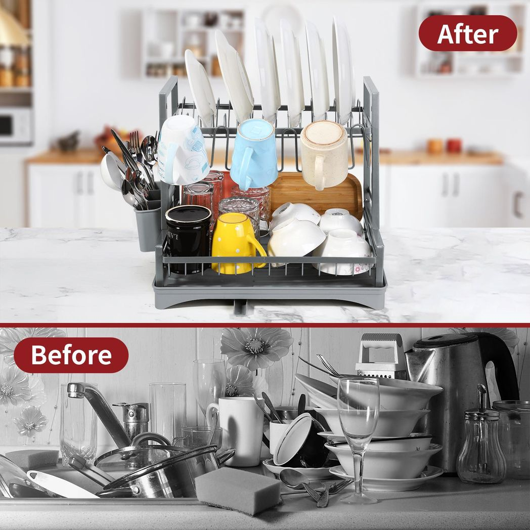 Grey 2 tier dish drainer by HomeCraft, featuring a detachable design for space-saving drying and organization.