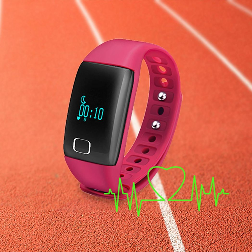 Pink T1 waterproof fitness tracker with heart rate monitor by Bas-Tek, displaying a digital screen and sleek design.