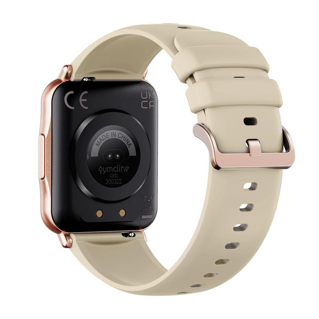 Cream Gymcline Ciro Fitness Tracker displaying 25 sports modes and IP68 water protection features.