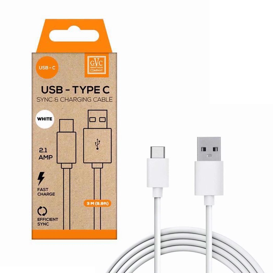 GVC USB to Type C cable, 3M length, white, for charging and syncing phones, tablets, and PCs.