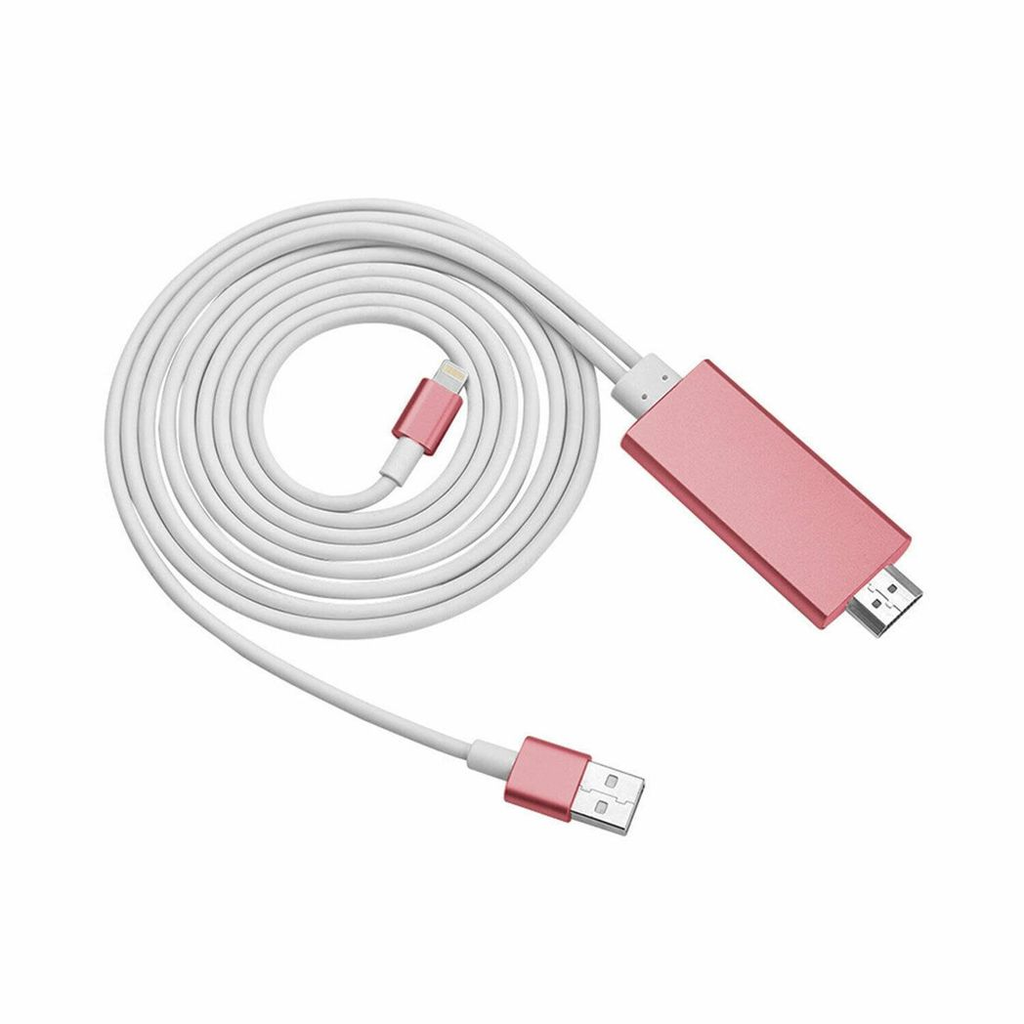 Rose gold Full HD HDMI connector cable by Aquarius for screen mirroring with phone or pad, showcasing the cable's connectors.