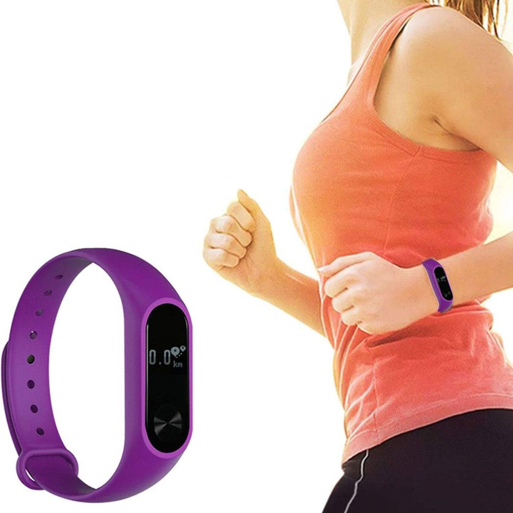 Purple Aquarius Fitness Tracker with heart rate monitor and OLED display, showcasing sleek design and vibrant colors.