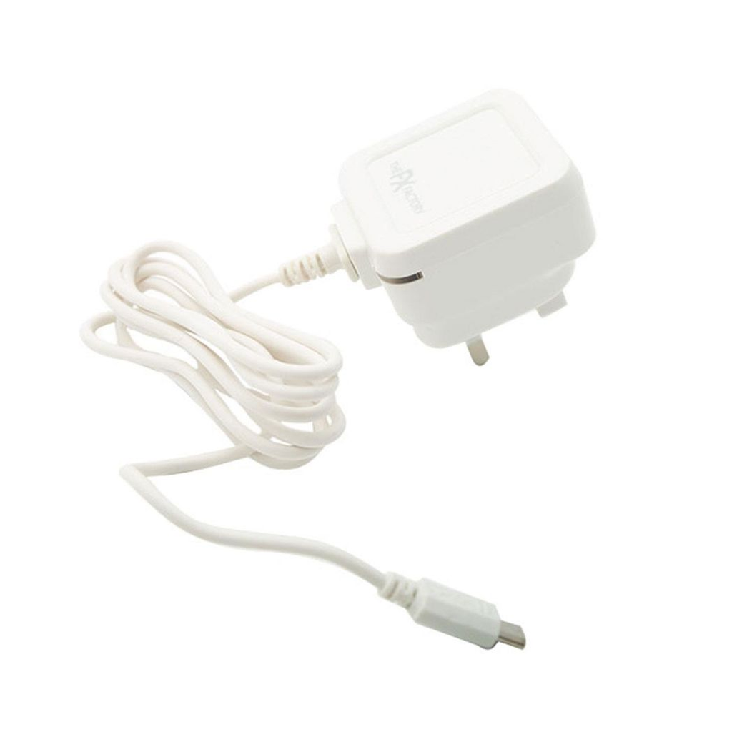 White USB mains charger 1A by FX Factory, designed for USB and Micro USB devices with smart charging capabilities.