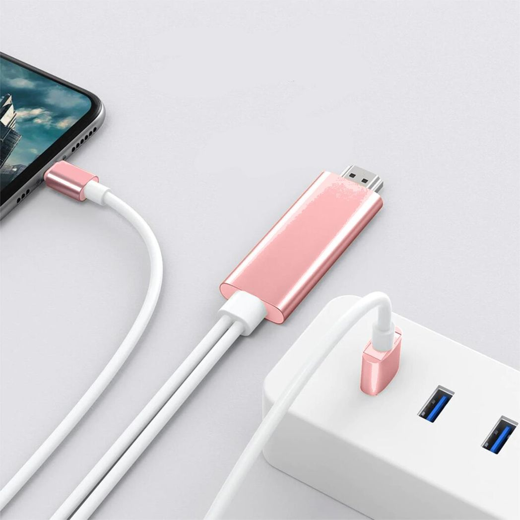 Full HD HDMI connector cable in rose gold for screen mirroring, by Aquarius, designed for phone and pad use.