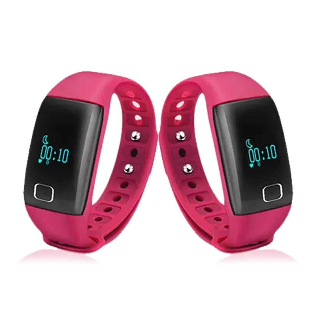 Pink T1 Waterproof Fitness Tracker by Bas-Tek featuring a heart rate monitor and sleek design for active lifestyles.