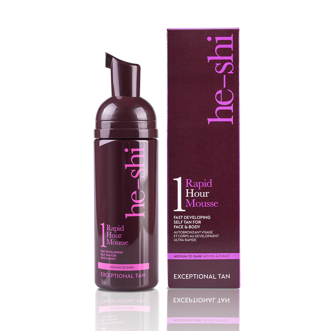 He-Shi Rapid 1 Hour Mousse in Medium to Dark shade, showcasing the bottle with a sleek design on a neutral background.