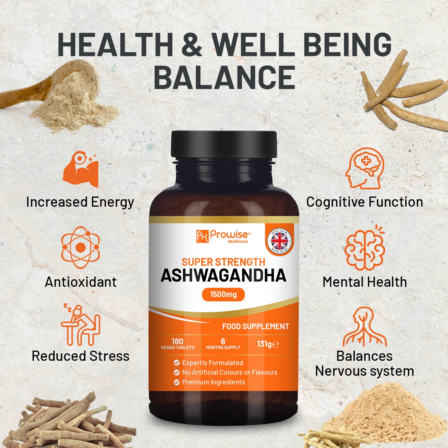 GlowCare Ashwagandha 1500mg vegan tablets in a bottle, 180-count for stress support and wellness.