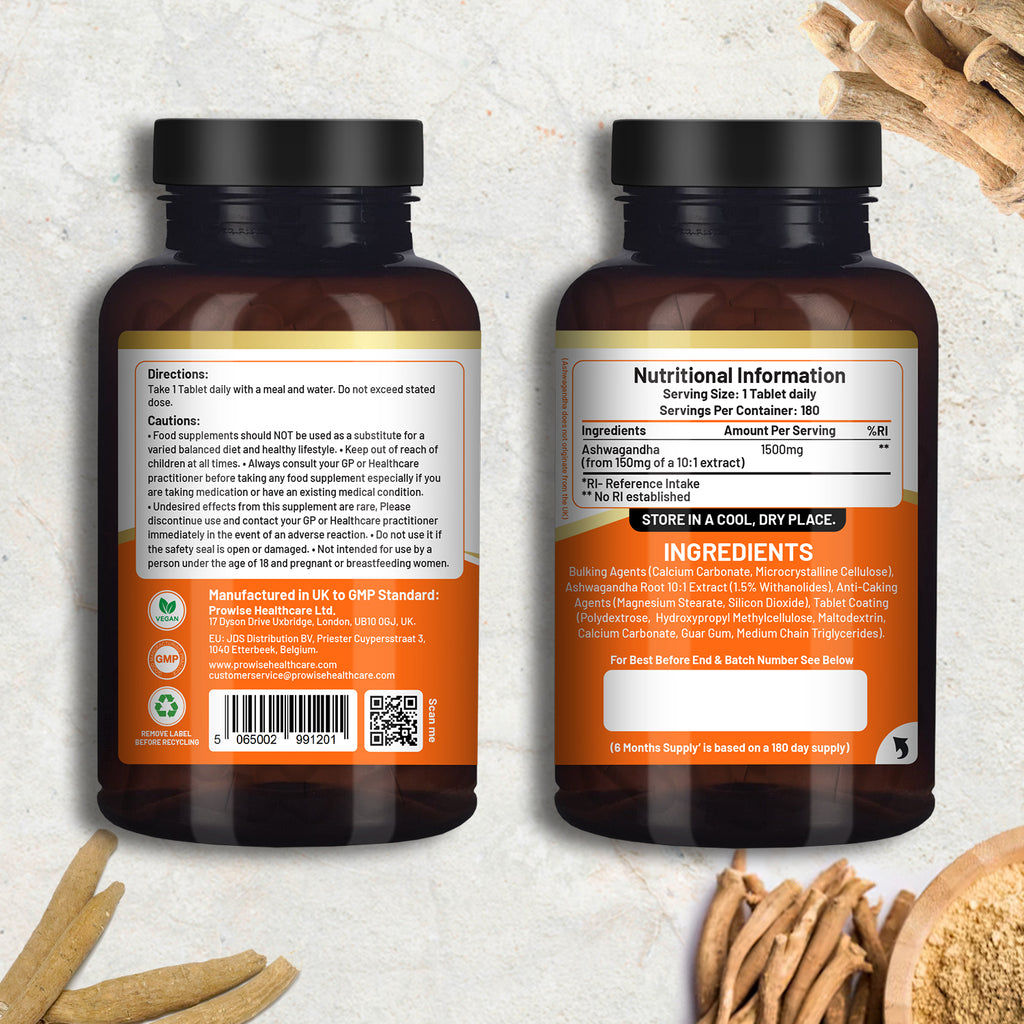 GlowCare Ashwagandha 1500mg vegan tablets in a bottle, showcasing 180 tablets for a 6-month supply.