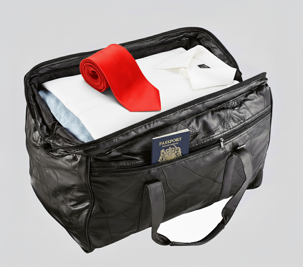 Wide-Opening Patchwork Leather Travel Bag: Spacious & Durable