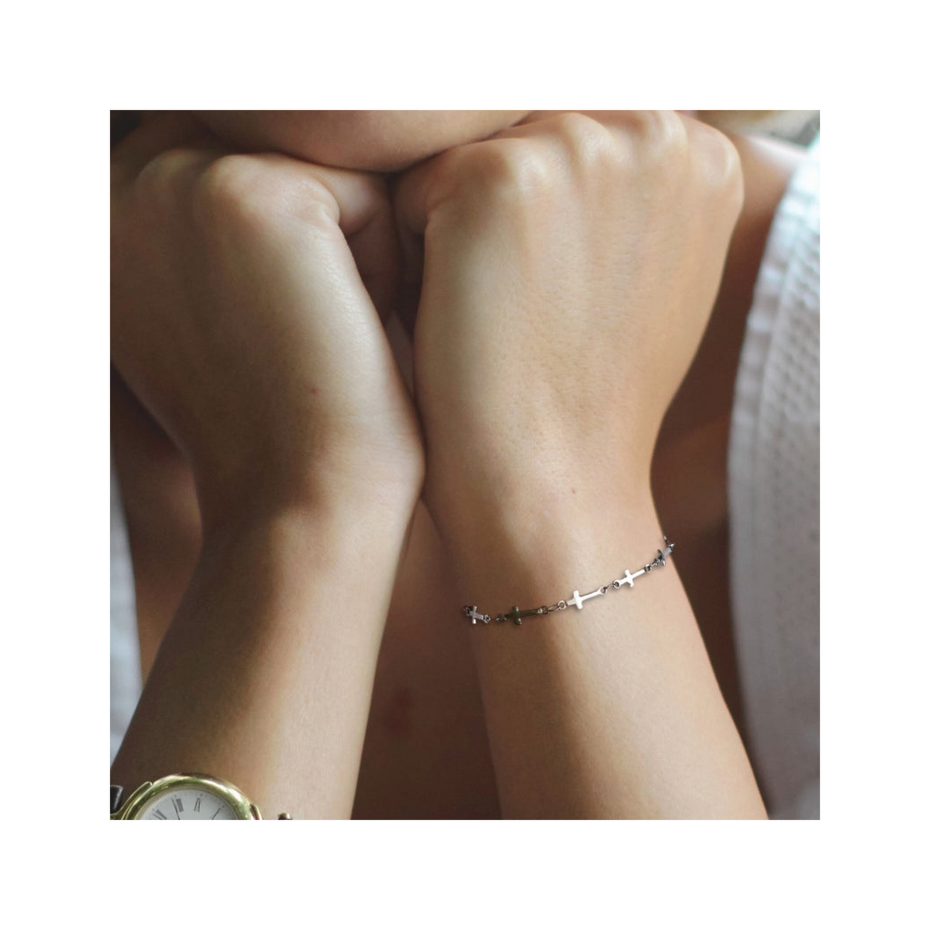 Cross Chain Silver Bracelet - Stainless Steel - 6-8 Inches - Designed in Scotland
