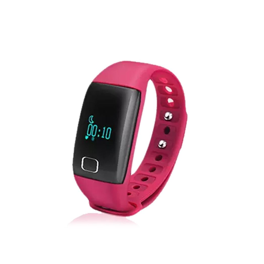Pink T1 Waterproof Fitness Tracker by Bas-Tek with heart rate monitor and adjustable wristband on a white background.