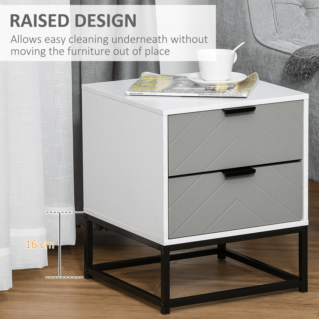 Bedside Cabinet with Metal Base and 2 Drawer Storage - Grey and White - AKGOmniShop
