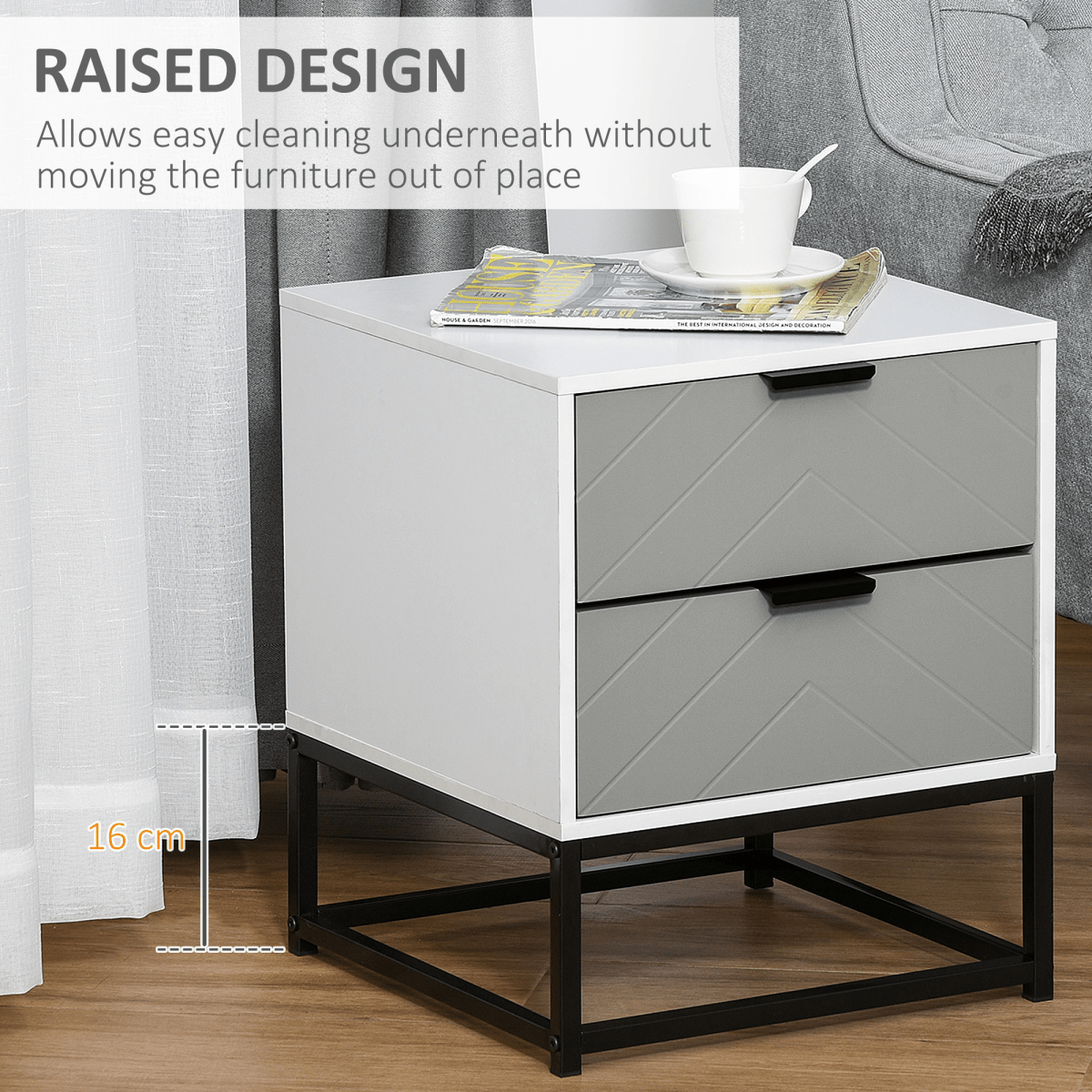 Bedside Cabinet with Metal Base and 2 Drawer Storage - Grey and White - AKGOmniShop