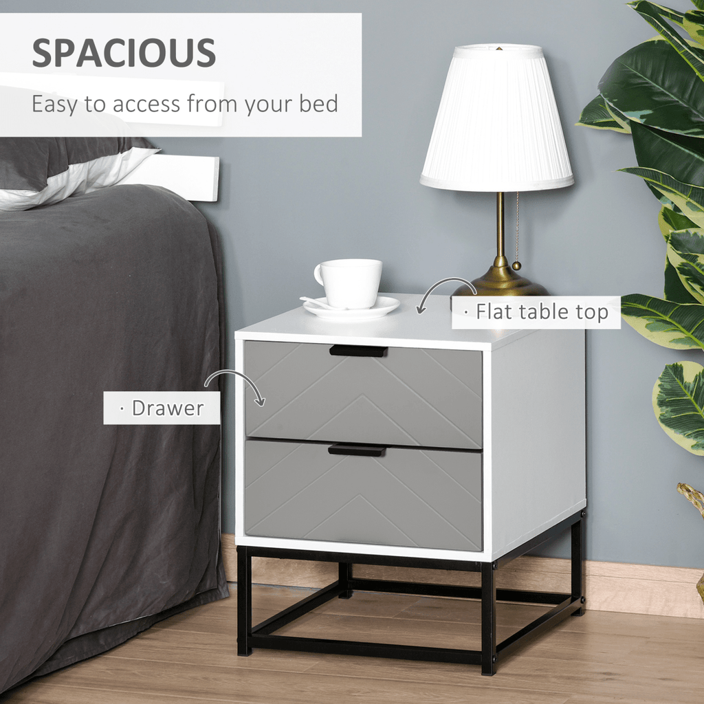 Bedside Cabinet with Metal Base and 2 Drawer Storage - Grey and White - AKGOmniShop