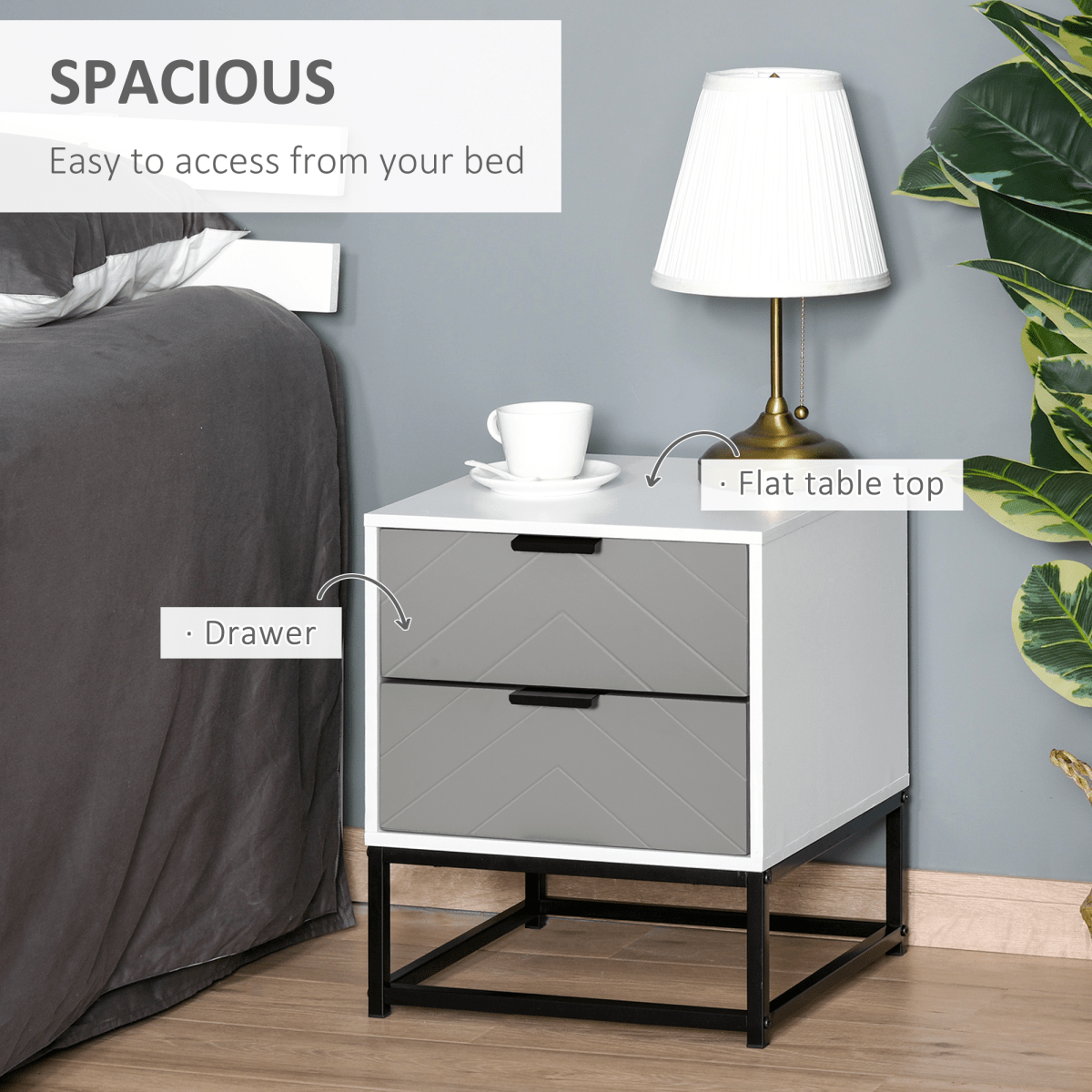 Bedside Cabinet with Metal Base and 2 Drawer Storage - Grey and White - AKGOmniShop