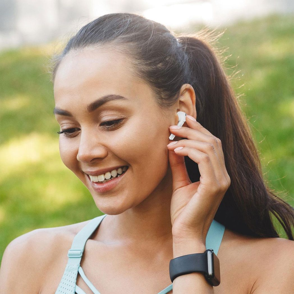 Aquarius Wireless Bluetooth Headset with built-in battery and case, showcasing sleek design and ergonomic fit.
