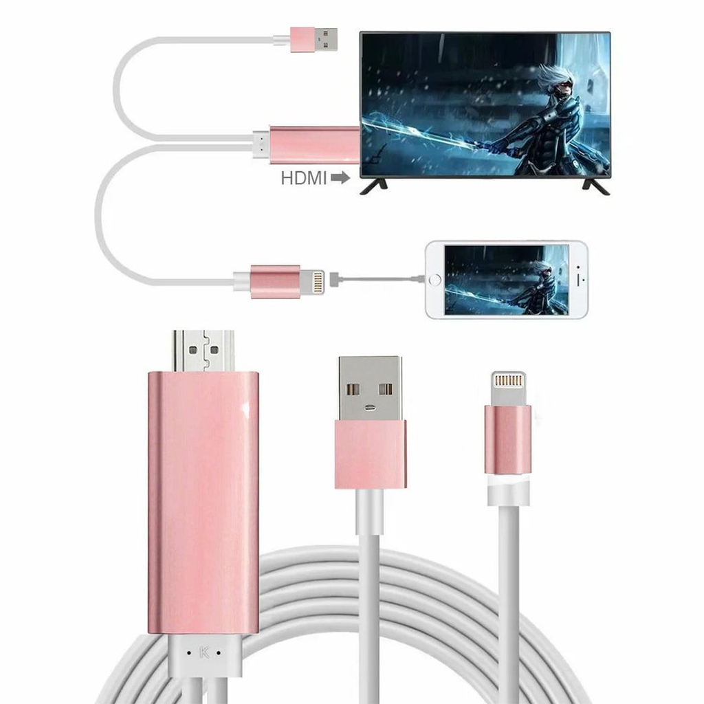 Full HD HDMI connector cable in rose gold by Aquarius, designed for screen mirroring with phone and pad devices.