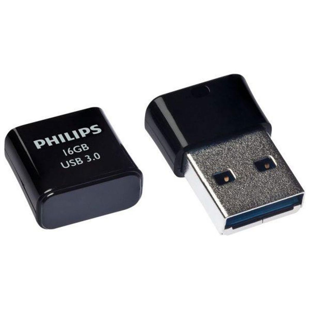 Philips USB 3.0 Pico Edition Flash Drive in black, 16GB, ultra-compact design showcasing side view and USB connector.