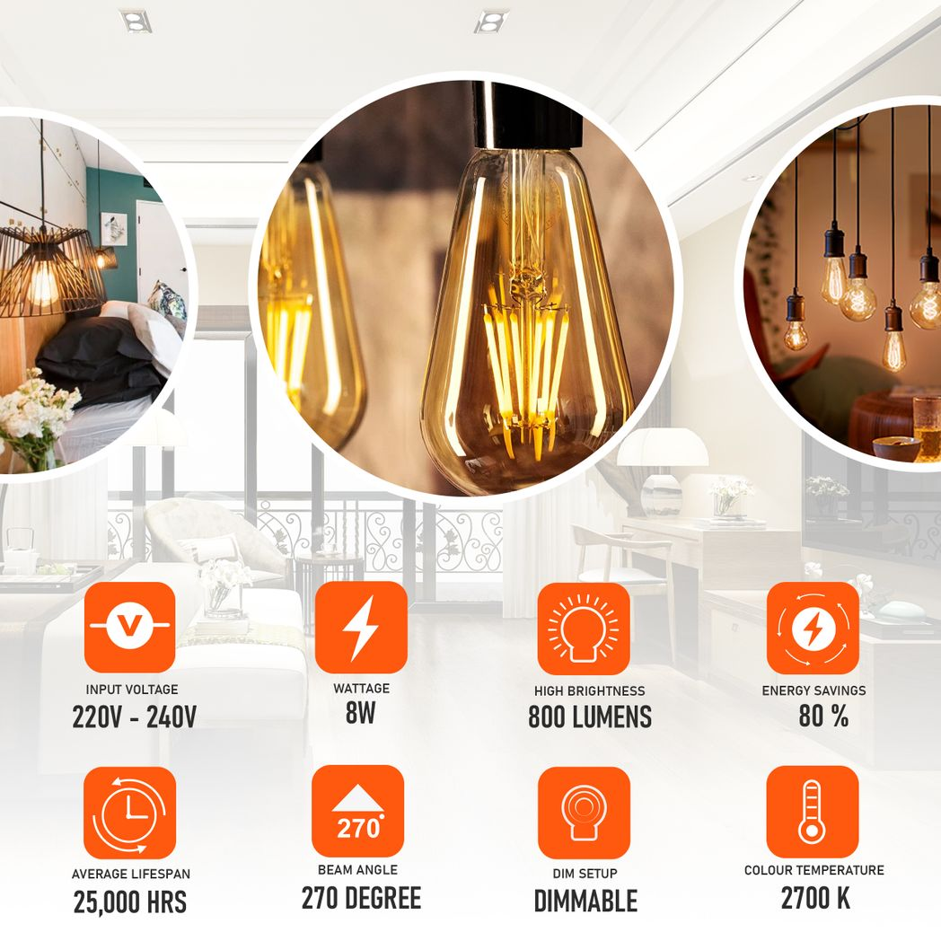 Five LED Edison bulbs in vintage amber ST64 style, E27 dimmable, 2700K warmth by Ledsone.