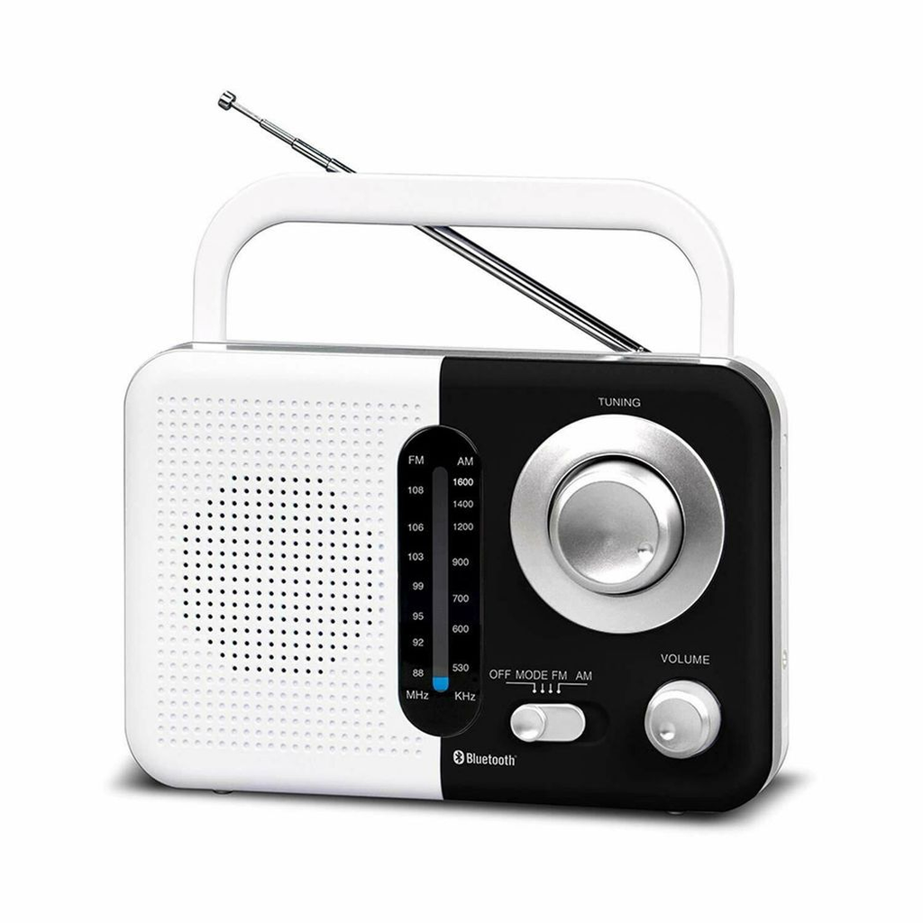 AM/FM Bluetooth radio by Soundz in black and white with USB port and SD card slot, showcasing sleek design and controls.