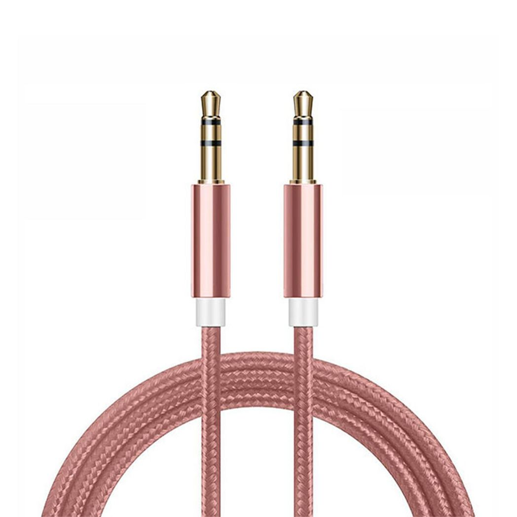 Rose gold 3.5mm braided aux-in cable by FX, showcasing its premium audio quality and durable design.