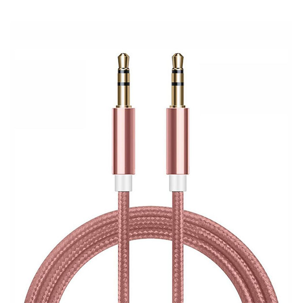 Rose gold 3.5mm braided aux-in cable by FX, showcasing its premium audio quality and durable design.